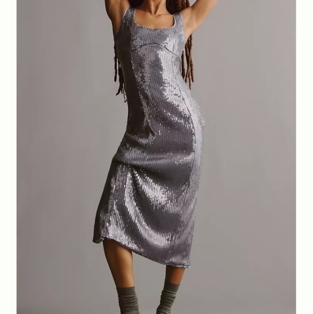 Pilcro Sequin Slim Midi Dress in Blue/Silver
